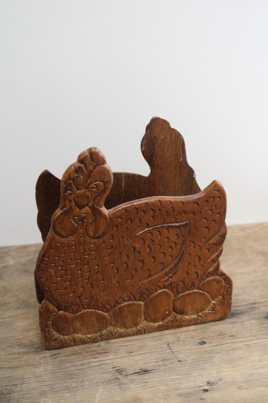 photo of vintage wood napkin holder hen on nest, rustic country kitchen farmhouse style #1