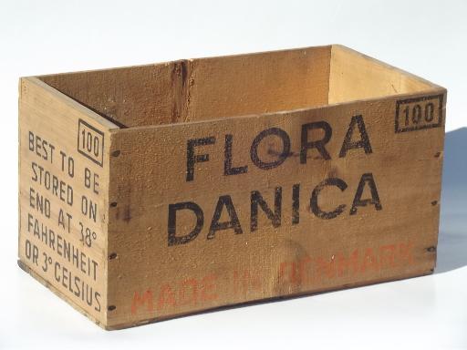 photo of vintage wood packing crate, Flora Danica - Denmark shipping box #1