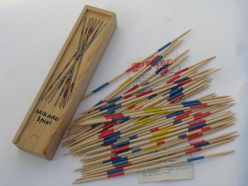 photo of vintage wood pick-up-sticks game, painted wooden sticks, instructions #1