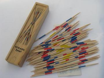 catalog photo of vintage wood pick-up-sticks game, painted wooden sticks, instructions