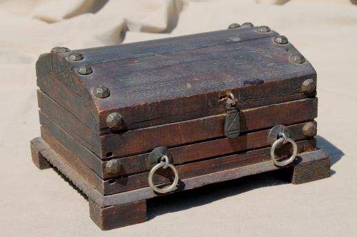 photo of vintage wood pirate treasure chest, rustic wooden trunk or jewelry box #1