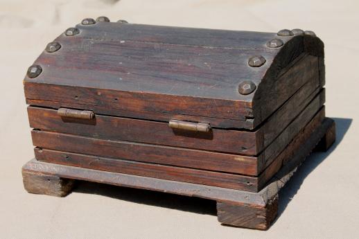 photo of vintage wood pirate treasure chest, rustic wooden trunk or jewelry box #5