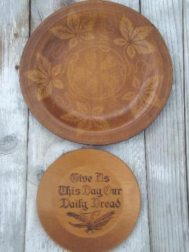 catalog photo of vintage wood plates, daily bread plate & maple leaf serving tray