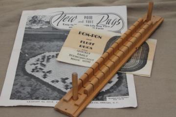 catalog photo of vintage wood pom-pon loom, Lily brand rug maker tool w/ instruction leaflet for fluff rugs