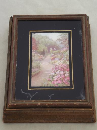photo of vintage wood portable vanity, mirror stand jewelry box with cottage garden print #4
