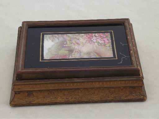 photo of vintage wood portable vanity, mirror stand jewelry box with cottage garden print #5