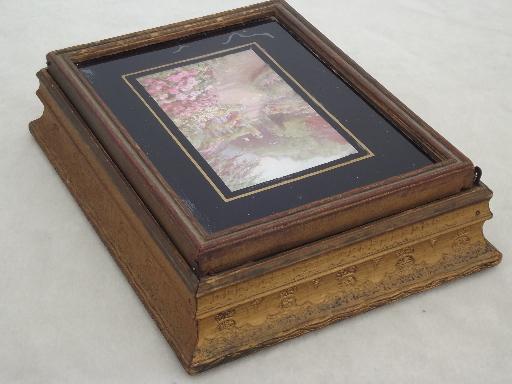 photo of vintage wood portable vanity, mirror stand jewelry box with cottage garden print #8