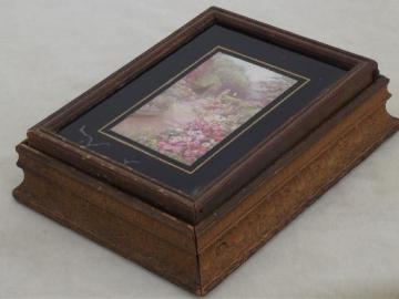 catalog photo of vintage wood portable vanity, mirror stand jewelry box with cottage garden print