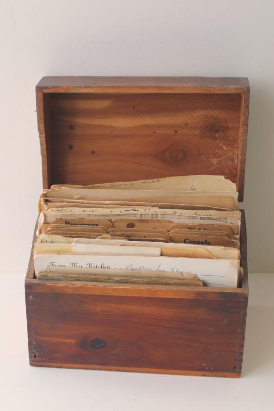 photo of vintage wood recipe box full of old recipes 40s 50s 60s, some hand written cards #1