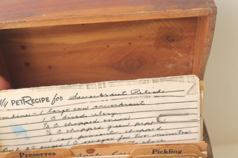 photo of vintage wood recipe box full of old recipes 40s 50s 60s, some hand written cards #2