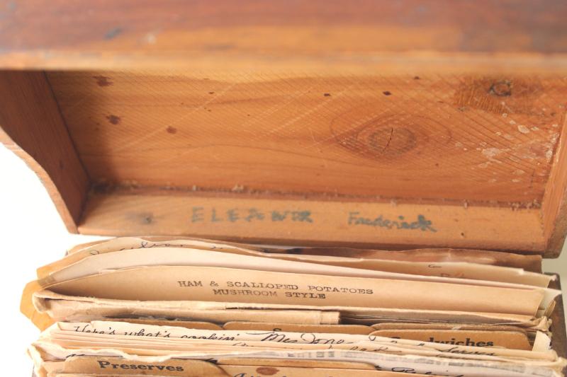 photo of vintage wood recipe box full of old recipes 40s 50s 60s, some hand written cards #6