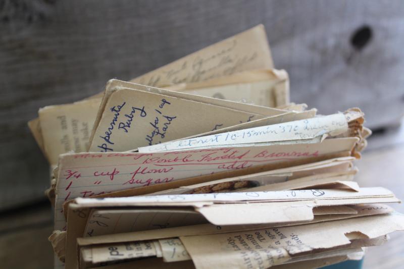 photo of vintage wood recipe box w/ old blue paint, full of hand written recipes 40s 50s 60s #2