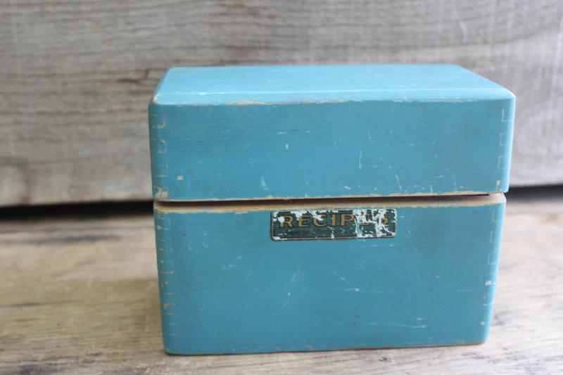 photo of vintage wood recipe box w/ old blue paint, full of hand written recipes 40s 50s 60s #4