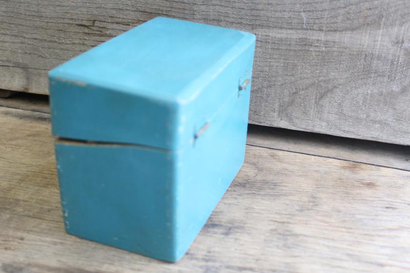 photo of vintage wood recipe box w/ old blue paint, full of hand written recipes 40s 50s 60s #5