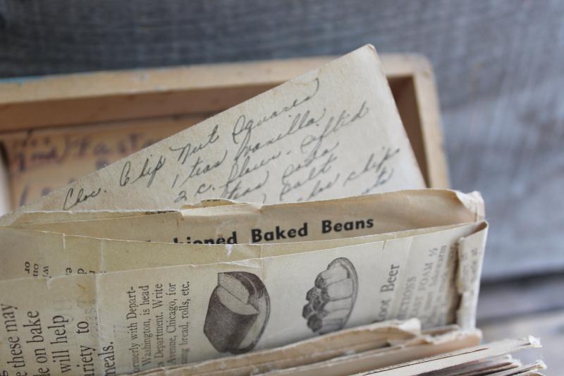 photo of vintage wood recipe box w/ old blue paint, full of hand written recipes 40s 50s 60s #8