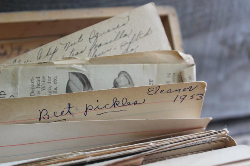 photo of vintage wood recipe box w/ old blue paint, full of hand written recipes 40s 50s 60s #9