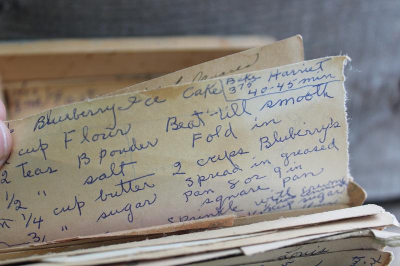 photo of vintage wood recipe box w/ old blue paint, full of hand written recipes 40s 50s 60s #10