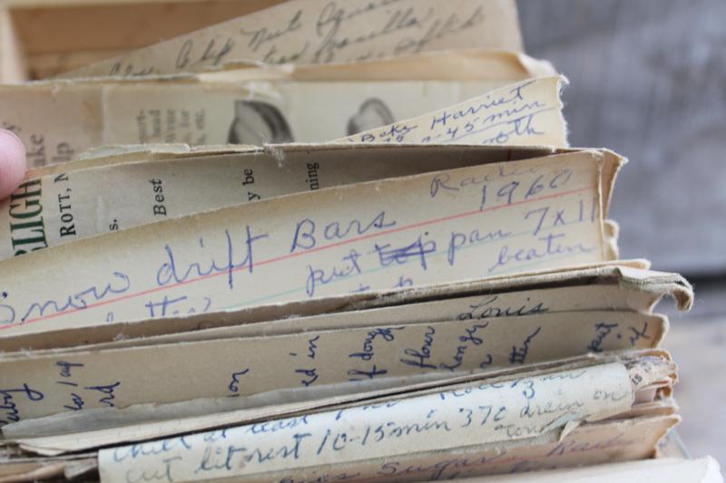 photo of vintage wood recipe box w/ old blue paint, full of hand written recipes 40s 50s 60s #11