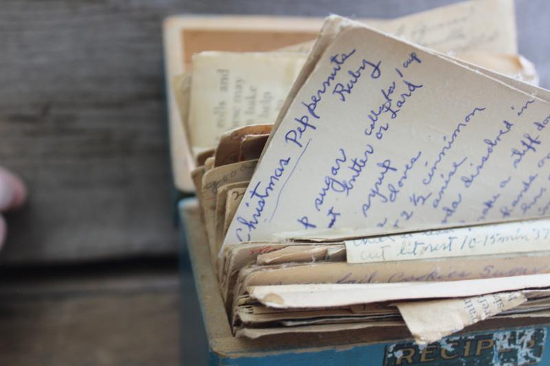 photo of vintage wood recipe box w/ old blue paint, full of hand written recipes 40s 50s 60s #12