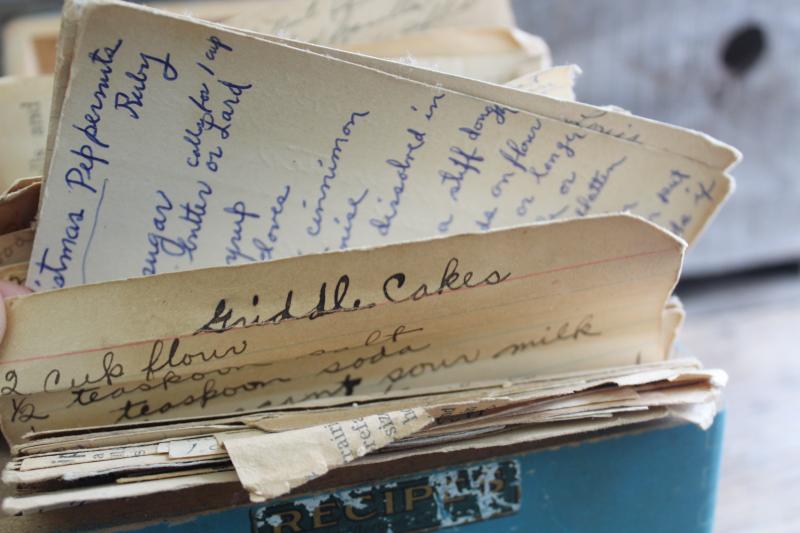 photo of vintage wood recipe box w/ old blue paint, full of hand written recipes 40s 50s 60s #13