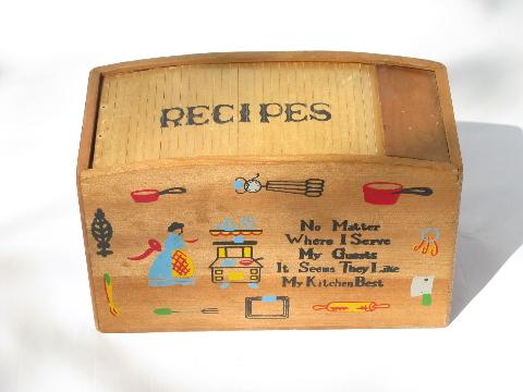 photo of vintage wood recipe card box, painted kitchen motto, roll top accordian lid #1