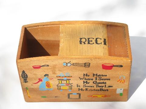 photo of vintage wood recipe card box, painted kitchen motto, roll top accordian lid #2