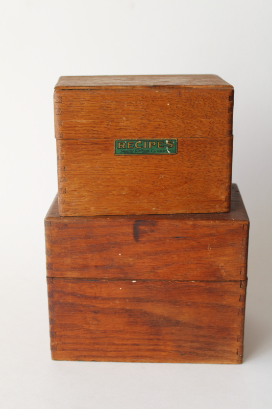 photo of vintage wood recipe card boxes from farmhouse kitchen, worn old fingerjointed boxes  #1