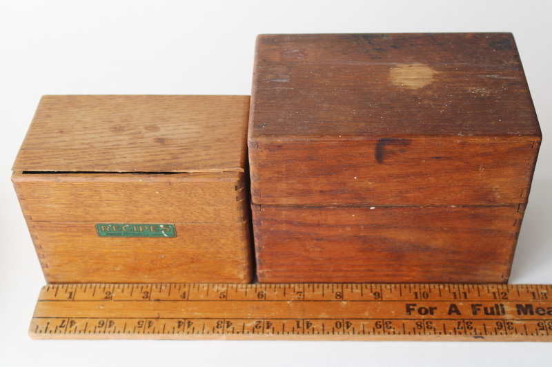 photo of vintage wood recipe card boxes from farmhouse kitchen, worn old fingerjointed boxes  #2