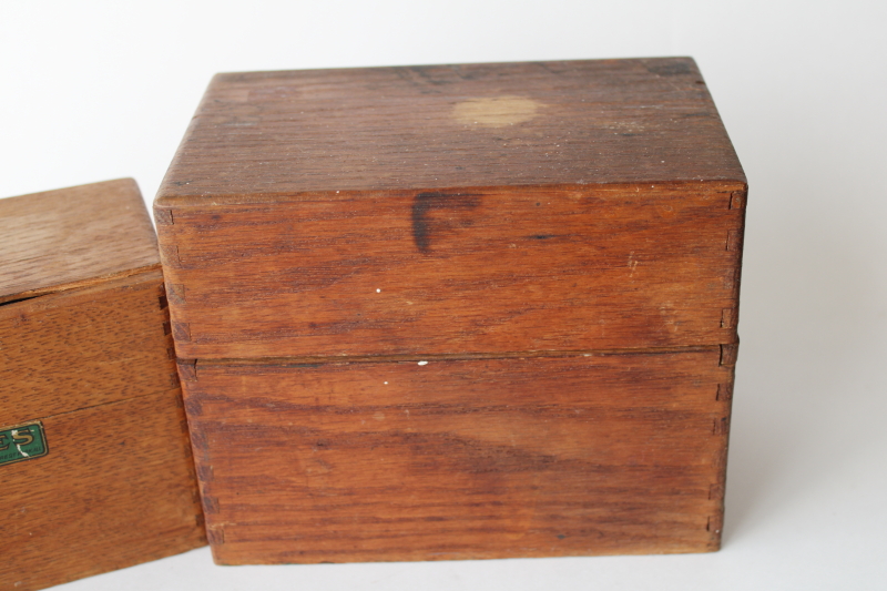 photo of vintage wood recipe card boxes from farmhouse kitchen, worn old fingerjointed boxes  #5