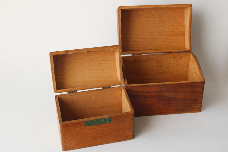 photo of vintage wood recipe card boxes from farmhouse kitchen, worn old fingerjointed boxes  #6