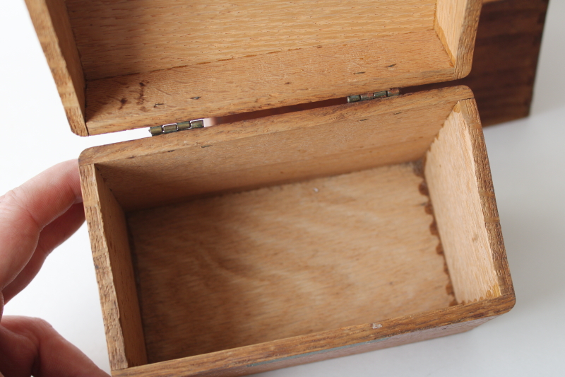 photo of vintage wood recipe card boxes from farmhouse kitchen, worn old fingerjointed boxes  #7