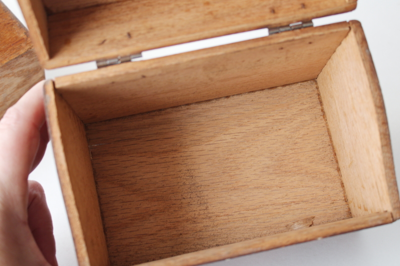 photo of vintage wood recipe card boxes from farmhouse kitchen, worn old fingerjointed boxes  #8