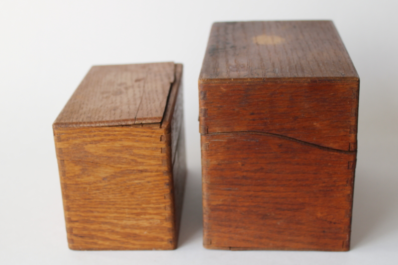 photo of vintage wood recipe card boxes from farmhouse kitchen, worn old fingerjointed boxes  #9