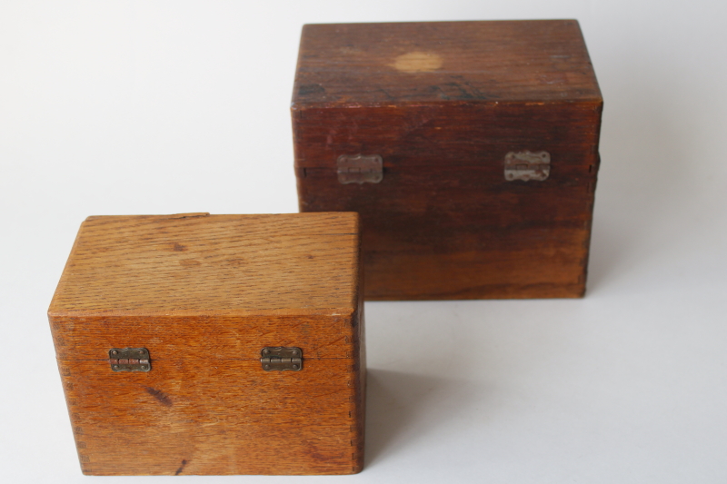 photo of vintage wood recipe card boxes from farmhouse kitchen, worn old fingerjointed boxes  #10