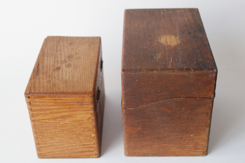 photo of vintage wood recipe card boxes from farmhouse kitchen, worn old fingerjointed boxes  #11