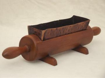 catalog photo of vintage wood rolling pin planter, flower box or kitchen recipe holder