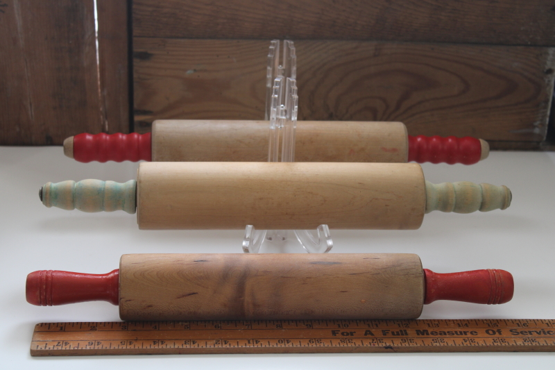 photo of vintage wood rolling pins w/ red & jade green painted wood handles, rolling pin collection #1