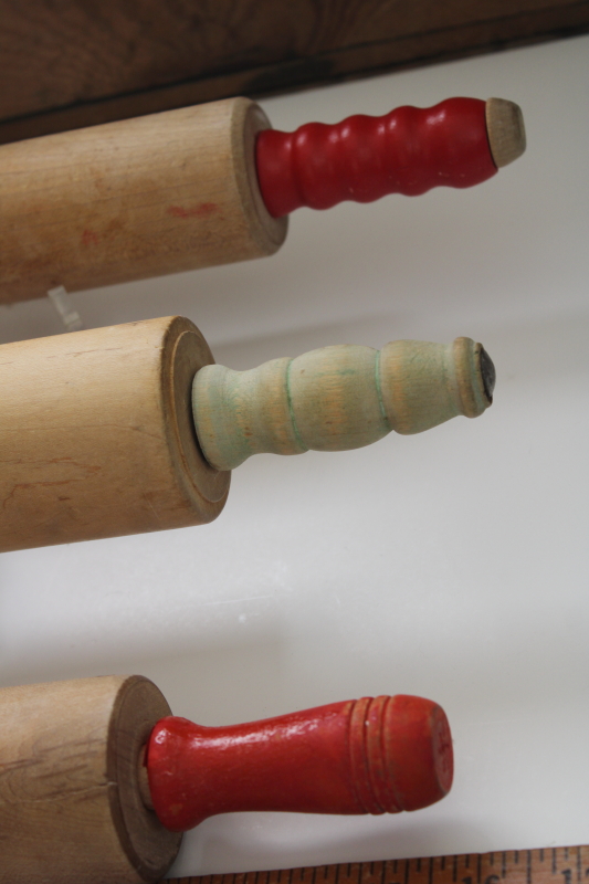 photo of vintage wood rolling pins w/ red & jade green painted wood handles, rolling pin collection #2