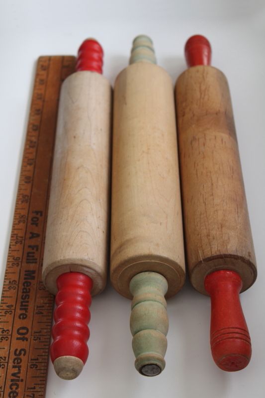 photo of vintage wood rolling pins w/ red & jade green painted wood handles, rolling pin collection #5