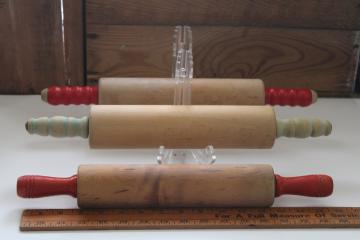 vintage wood rolling pins w/ red & jade green painted wood handles, rolling pin collection