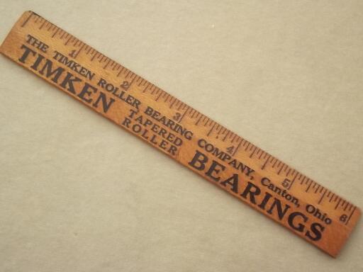 photo of vintage wood ruler with Timkin bearings advertising, 6" measure #1