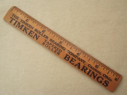 photo of vintage wood ruler with Timkin bearings advertising, 6" measure #1