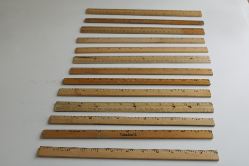 photo of vintage wood rulers collection, worn used old school rulers  #1