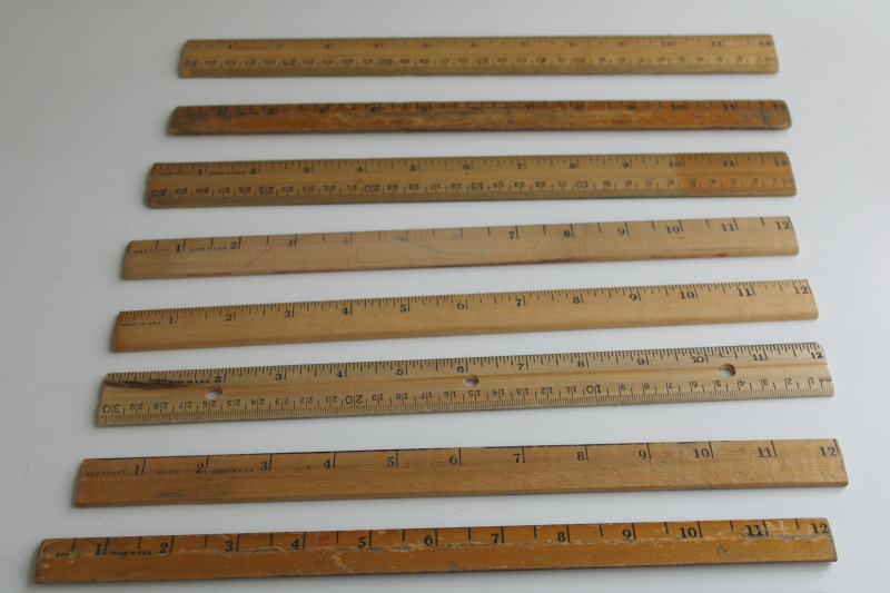 photo of vintage wood rulers collection, worn used old school rulers  #3