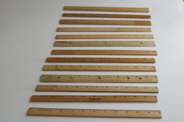 catalog photo of vintage wood rulers collection, worn used old school rulers 