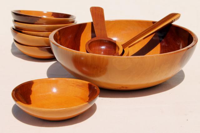 photo of vintage wood salad bowl set, glossy varnished cedar fatwood bowls, rustic modern #1