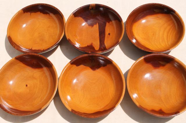 photo of vintage wood salad bowl set, glossy varnished cedar fatwood bowls, rustic modern #9