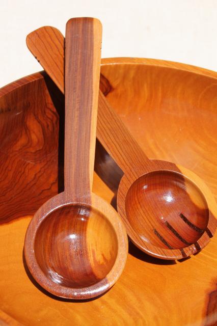 photo of vintage wood salad bowl set, glossy varnished cedar fatwood bowls, rustic modern #11