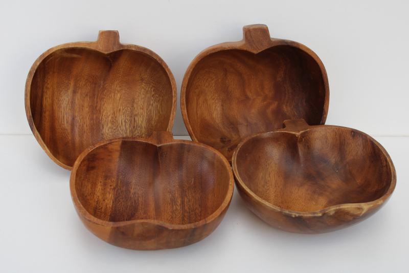 photo of vintage wood salad bowls, apple shape carved wooden bowls monkey pod or acacia wood #1