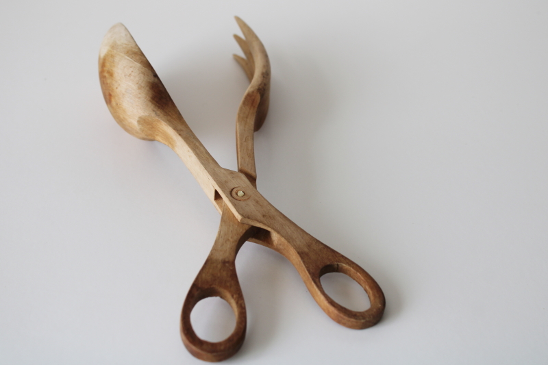 photo of vintage wood salad tongs, one piece fork and spoon salad server natural wood  #1
